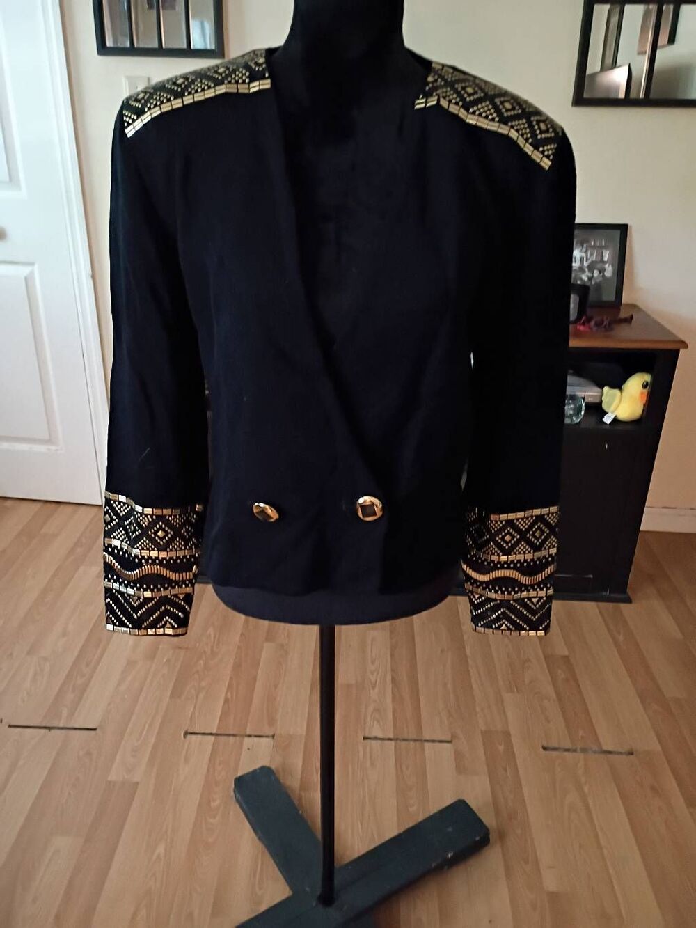 Vintage St John Evening Black Santana Knit Blazer Jacket Gold Beaded Size 12